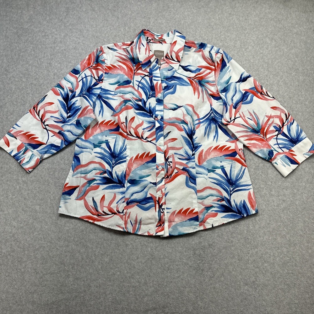 Chicos Top Large Red Blue Floral Wrinkle Resistant Button Up Office Casual Wear